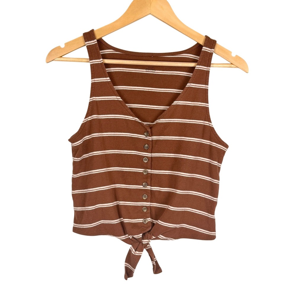 American Eagle Tank S Brown Striped Button Front Tie Hem Crop Top Indie Skater